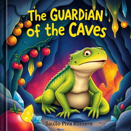 A children's book cover titled "The Guardian of the Caves" by Saulo Piva Romero, featuring a large lizard with the face of a dog