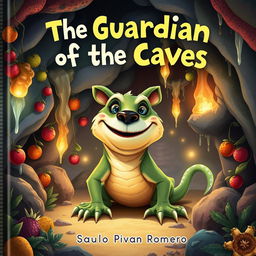 A children's book cover titled "The Guardian of the Caves" by Saulo Piva Romero, featuring a large lizard with the face of a dog