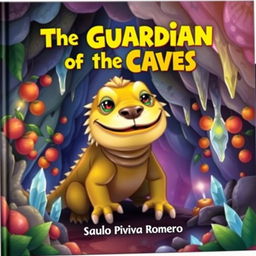 A children's book cover titled "The Guardian of the Caves" by Saulo Piva Romero, featuring a large lizard with the face of a dog