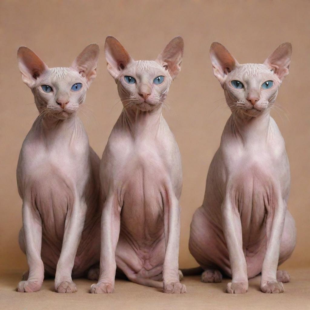 A sight of four hairless cats, highlighting their unique charm and sleek appearances.