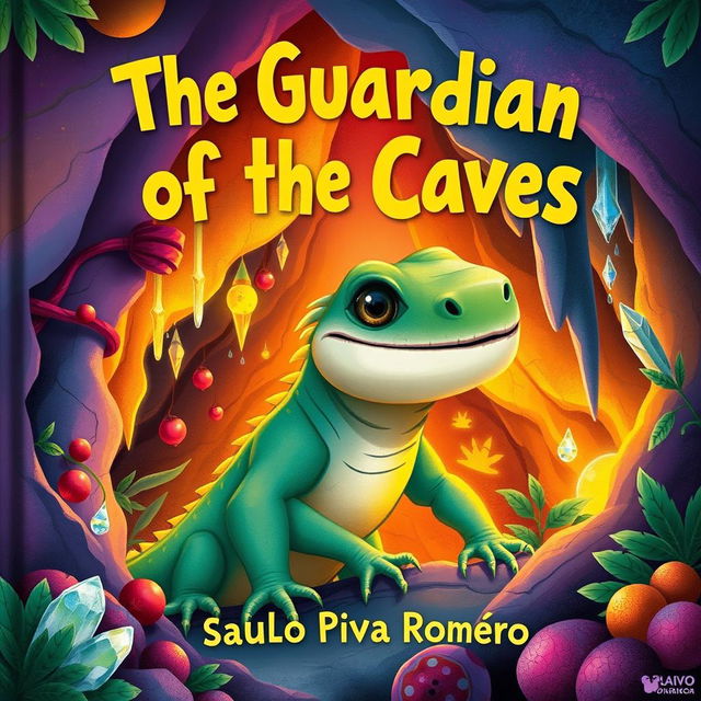 A children's book cover titled "The Guardian of the Caves" by Saulo Piva Romero, featuring a large lizard with the face of a dog