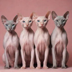 A sight of four hairless cats, highlighting their unique charm and sleek appearances.