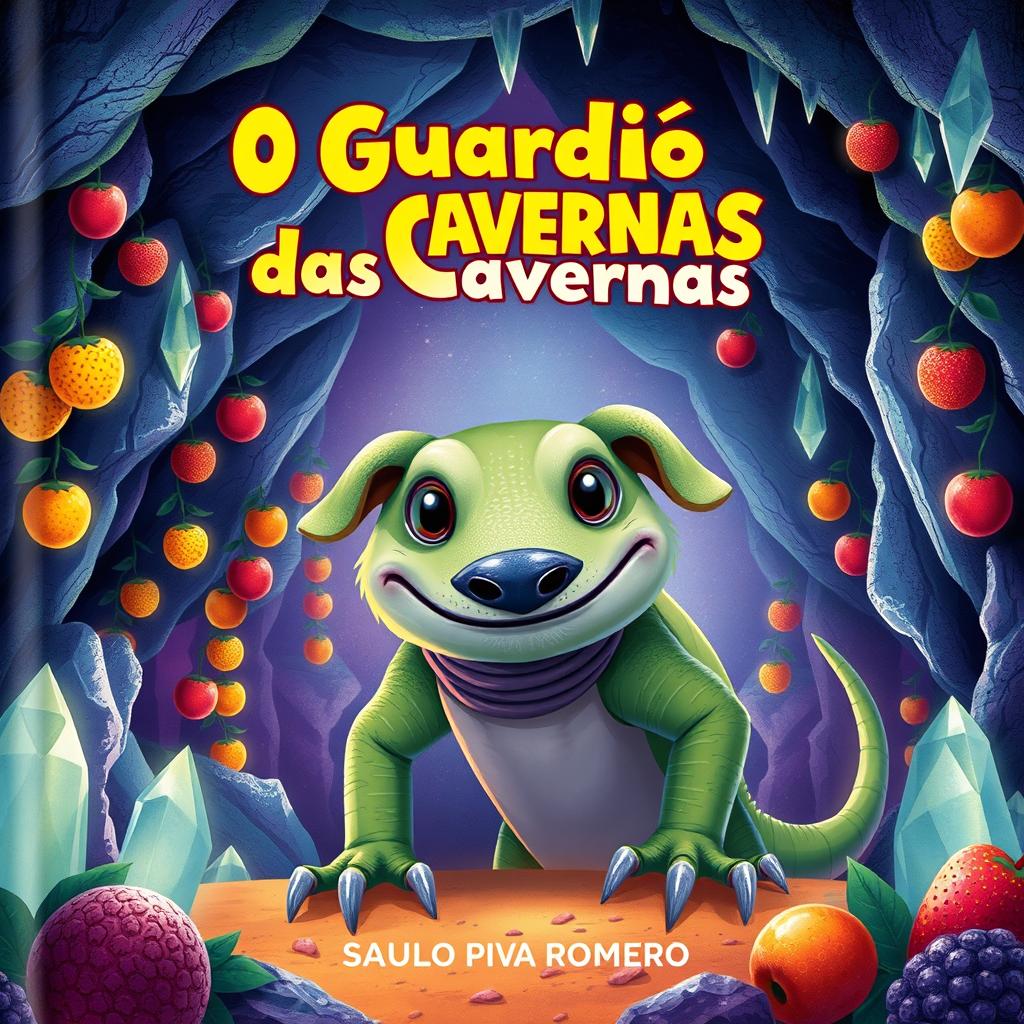 A children's book cover titled "O Guardião das Cavernas" by Saulo Piva Romero, featuring a large lizard with the face of a dog