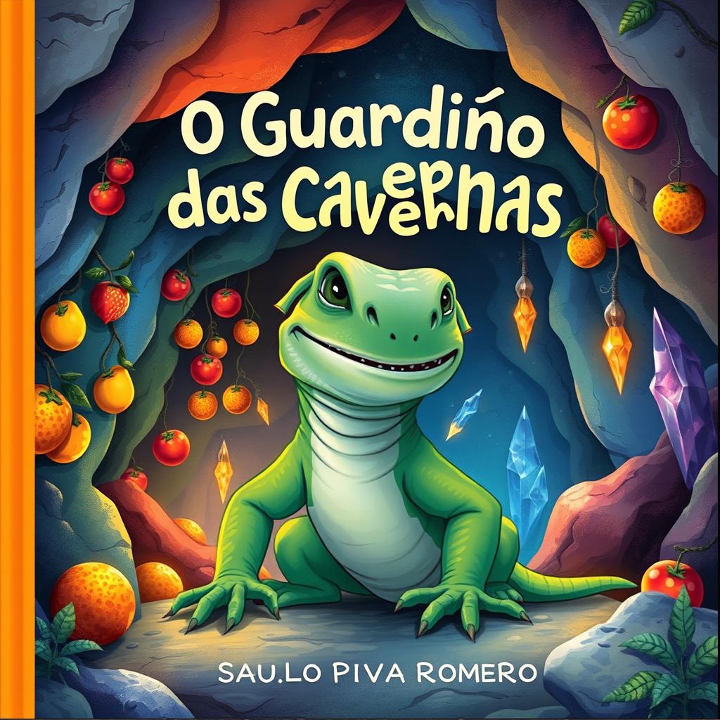 A children's book cover titled "O Guardião das Cavernas" by Saulo Piva Romero, featuring a large lizard with the face of a dog