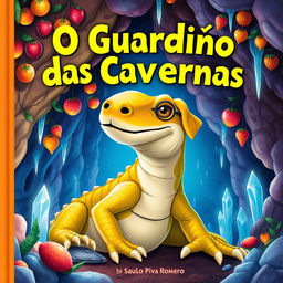 A children's book cover titled "O Guardião das Cavernas" by Saulo Piva Romero, featuring a large lizard with the face of a dog