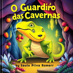 A children's book cover titled "O Guardião das Cavernas" by Saulo Piva Romero, featuring a large lizard with the face of a dog