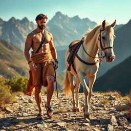 A handsome muscular rider wearing a camel-colored tunic and sandals from the 1st century is walking alongside his white horse on a rocky path leading towards the mountains