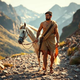 A handsome muscular rider wearing a camel-colored tunic and sandals from the 1st century is walking alongside his white horse on a rocky path leading towards the mountains