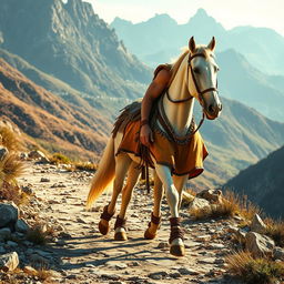 A handsome muscular rider wearing a camel-colored tunic and sandals from the 1st century is walking alongside his white horse on a rocky path leading towards the mountains