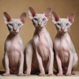 A sight of four hairless cats, highlighting their unique charm and sleek appearances.