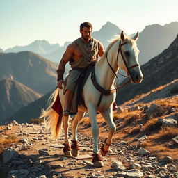 A handsome muscular rider wearing a camel-colored tunic and sandals from the 1st century is walking alongside his white horse on a rocky path leading towards the mountains