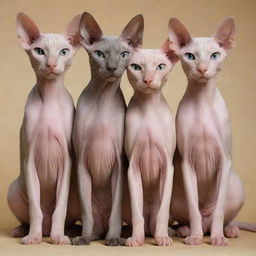 A sight of four hairless cats, highlighting their unique charm and sleek appearances.