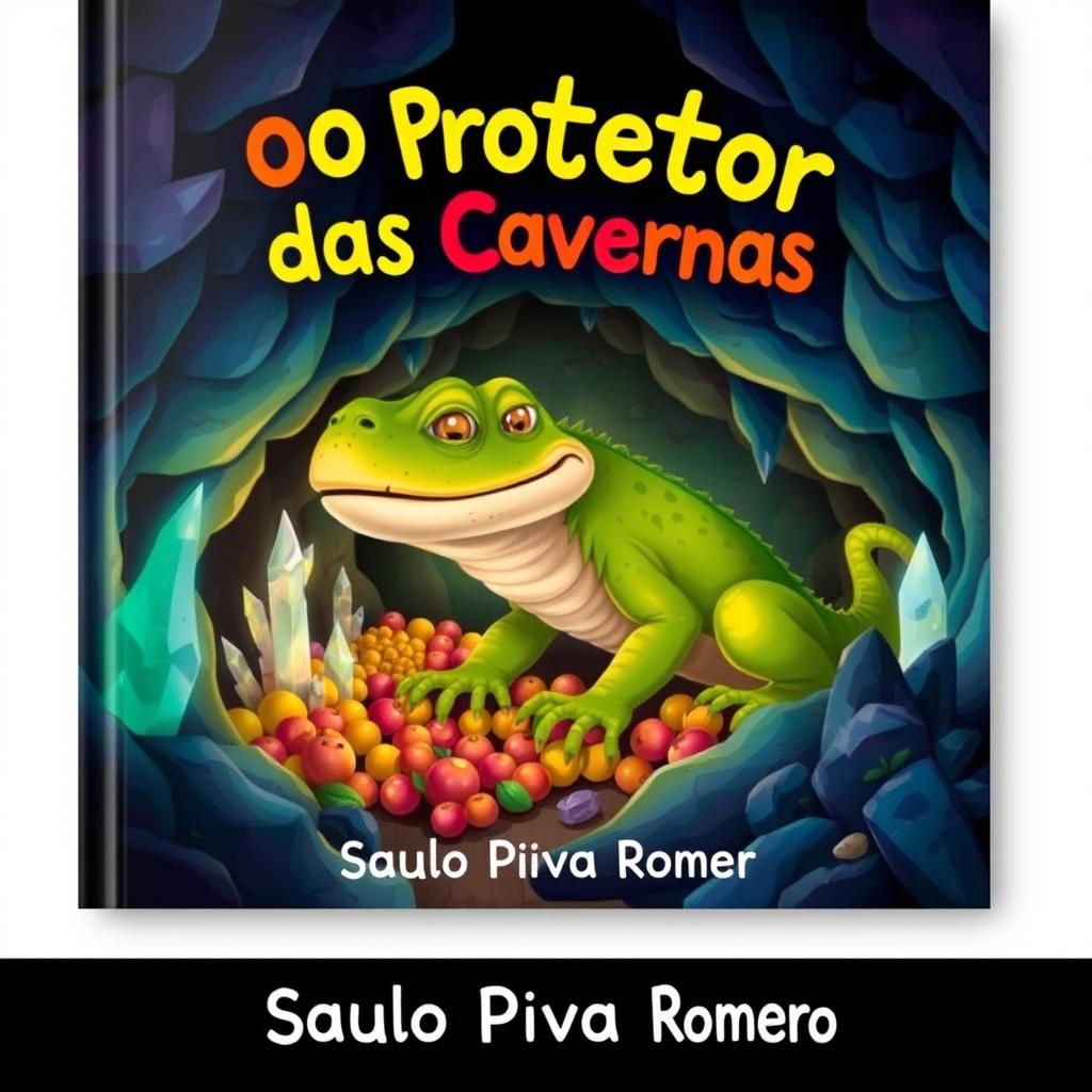 A children's book cover titled "O Protetor das Cavernas" by Saulo Piva Romero, featuring a large lizard with the face of a dog