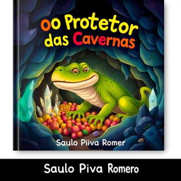 A children's book cover titled "O Protetor das Cavernas" by Saulo Piva Romero, featuring a large lizard with the face of a dog