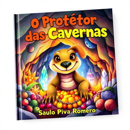 A children's book cover titled "O Protetor das Cavernas" by Saulo Piva Romero, featuring a large lizard with the face of a dog