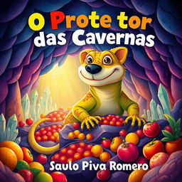 A children's book cover titled "O Protetor das Cavernas" by Saulo Piva Romero, featuring a large lizard with the face of a dog