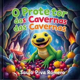 A children's book cover titled "O Protetor das Cavernas" by Saulo Piva Romero, featuring a large lizard with the face of a dog