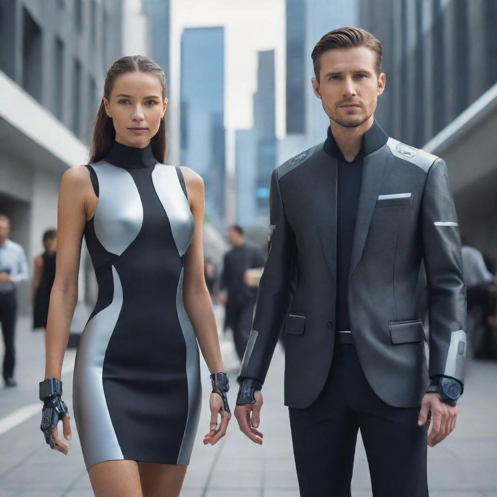 Create an image of a woman and a man from the year 2040, dressed in future fashion, equipped with next-generation gadgets and devices, and engaging with AI assistive technology in a futuristic urban environment