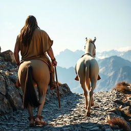 A tall and muscular rider with long hair, wearing a camel-colored tunic and 1st-century sandals, is walking alongside his white horse on a rocky path leading towards the mountains, seen from behind