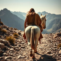 A tall and muscular rider with long hair, wearing a camel-colored tunic and 1st-century sandals, is walking alongside his white horse on a rocky path leading towards the mountains, seen from behind