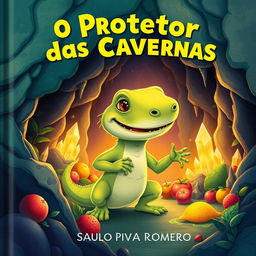 A children's book cover titled "O Protetor das Cavernas" by Saulo Piva Romero, featuring a large lizard with the face of a dog