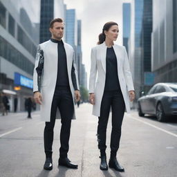 Create an image of a woman and a man from the year 2040, dressed in future fashion, equipped with next-generation gadgets and devices, and engaging with AI assistive technology in a futuristic urban environment