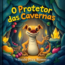 A children's book cover titled "O Protetor das Cavernas" by Saulo Piva Romero, featuring a large lizard with the face of a dog