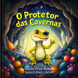 A children's book cover titled "O Protetor das Cavernas" by Saulo Piva Romero, featuring a large lizard with the face of a dog