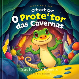 A children's book cover titled "O Protetor das Cavernas" by Saulo Piva Romero, featuring a large lizard with the face of a dog