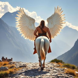 A tall and muscular rider with long hair, wearing a camel-colored tunic and 1st-century sandals, is walking alongside his winged white horse on a rocky path leading towards the mountains, seen from behind