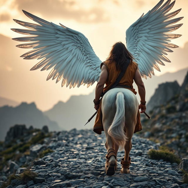 A tall and muscular rider with long hair, wearing a camel-colored tunic and 1st-century sandals, is walking alongside his winged white horse on a rocky path leading towards the mountains, seen from behind