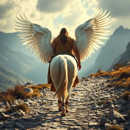 A tall and muscular rider with long hair, wearing a camel-colored tunic and 1st-century sandals, is walking alongside his winged white horse on a rocky path leading towards the mountains, seen from behind