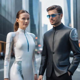 Create an image of a woman and a man from the year 2040, dressed in future fashion, equipped with next-generation gadgets and devices, and engaging with AI assistive technology in a futuristic urban environment