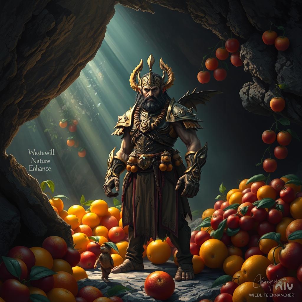 A cave dominator standing confidently amidst a scene filled with vibrant, colorful fruits