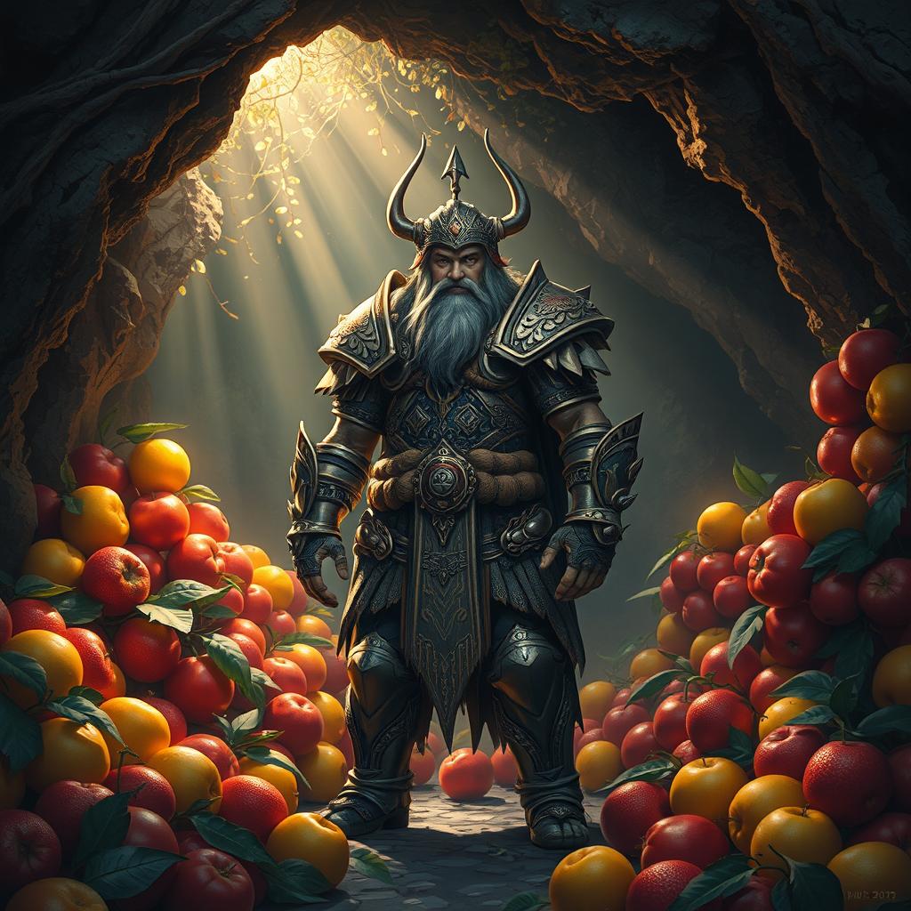 A cave dominator standing confidently amidst a scene filled with vibrant, colorful fruits