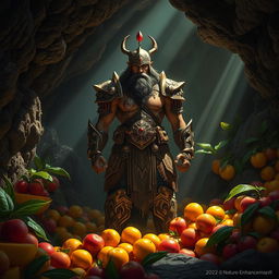 A cave dominator standing confidently amidst a scene filled with vibrant, colorful fruits