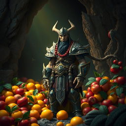 A cave dominator standing confidently amidst a scene filled with vibrant, colorful fruits