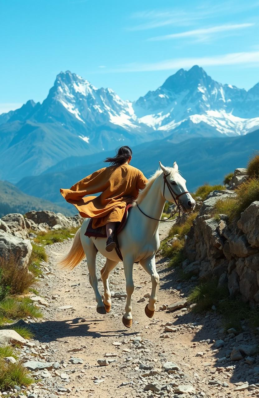 A rider galloping on a white horse along a rocky path leading to majestic mountains in the background