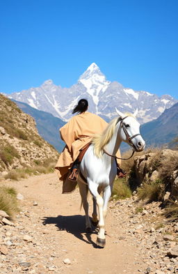 A rider galloping on a white horse along a rocky path leading to majestic mountains in the background