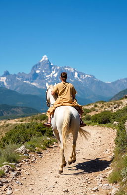 A rider galloping on a white horse along a rocky path leading to majestic mountains in the background