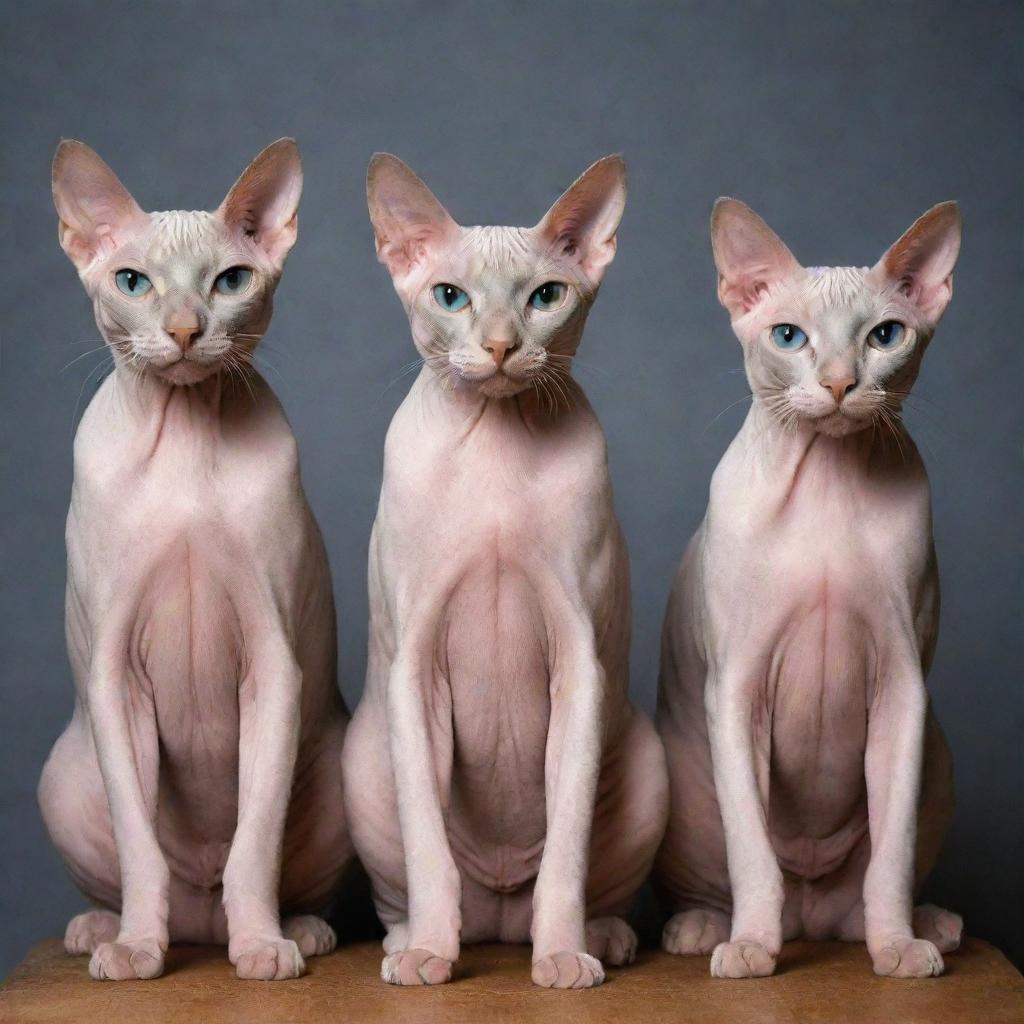 Four hairless cats striking unique poses, one of them sporting a distinguished beard.