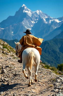 A rider galloping on a white horse along a rocky path leading to majestic mountains in the background