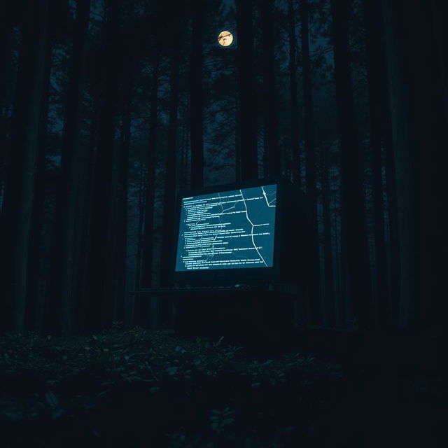 A broken computer in the midst of a dense forest at night, its screen displaying glowing lines of code against the darkness