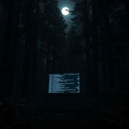 A broken computer in the midst of a dense forest at night, its screen displaying glowing lines of code against the darkness