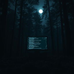 A broken computer in the midst of a dense forest at night, its screen displaying glowing lines of code against the darkness