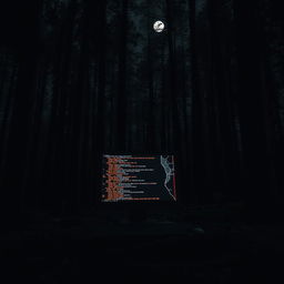 A broken computer in the midst of a dense forest at night, its screen displaying glowing lines of code against the darkness