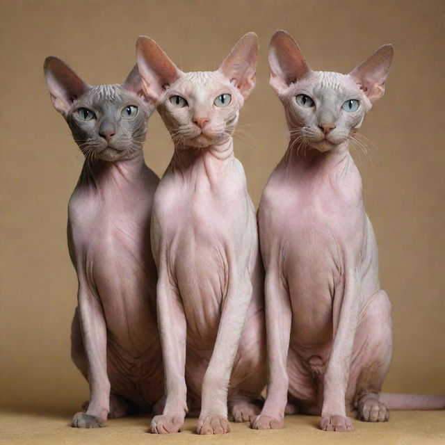 Four hairless cats striking unique poses, one of them sporting a distinguished beard.