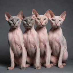 Four hairless cats striking unique poses, one of them sporting a distinguished beard.