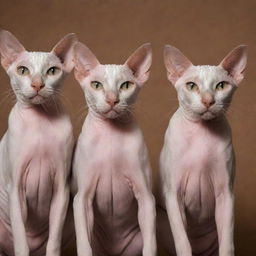 Four hairless cats striking unique poses, one of them sporting a distinguished beard.