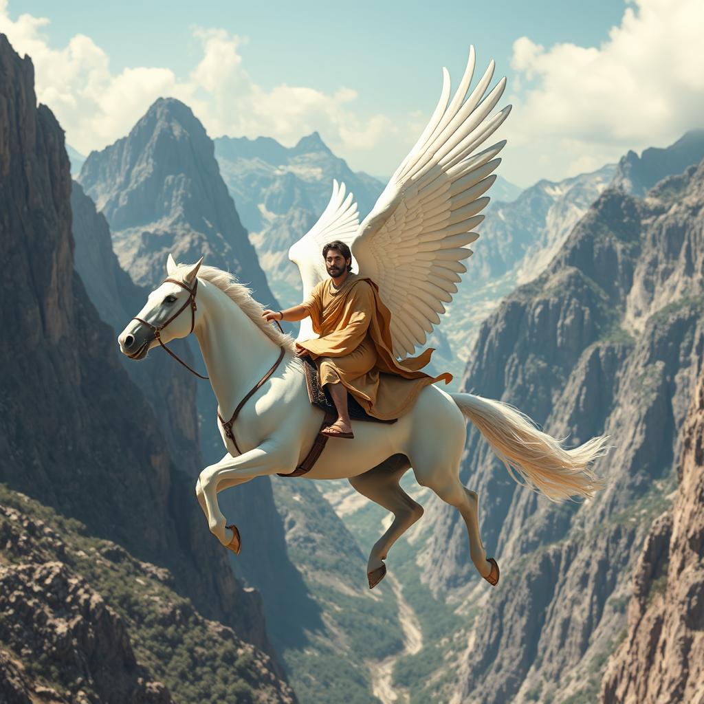 A first-century man riding a strong, white winged horse amidst towering mountains